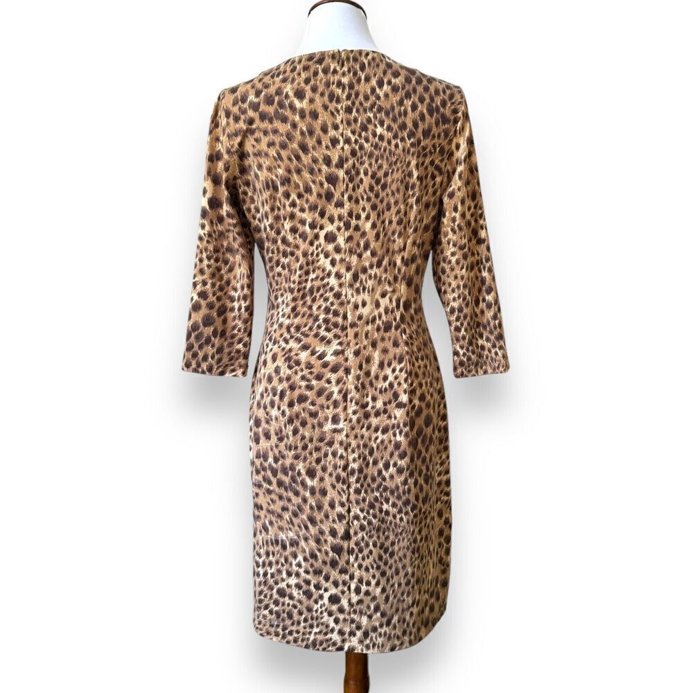 J.McLaughlin Womens Sheath Dress Brown Animal Print 3/4 Sleeve Stretch Zip M - Picture 2 of 9